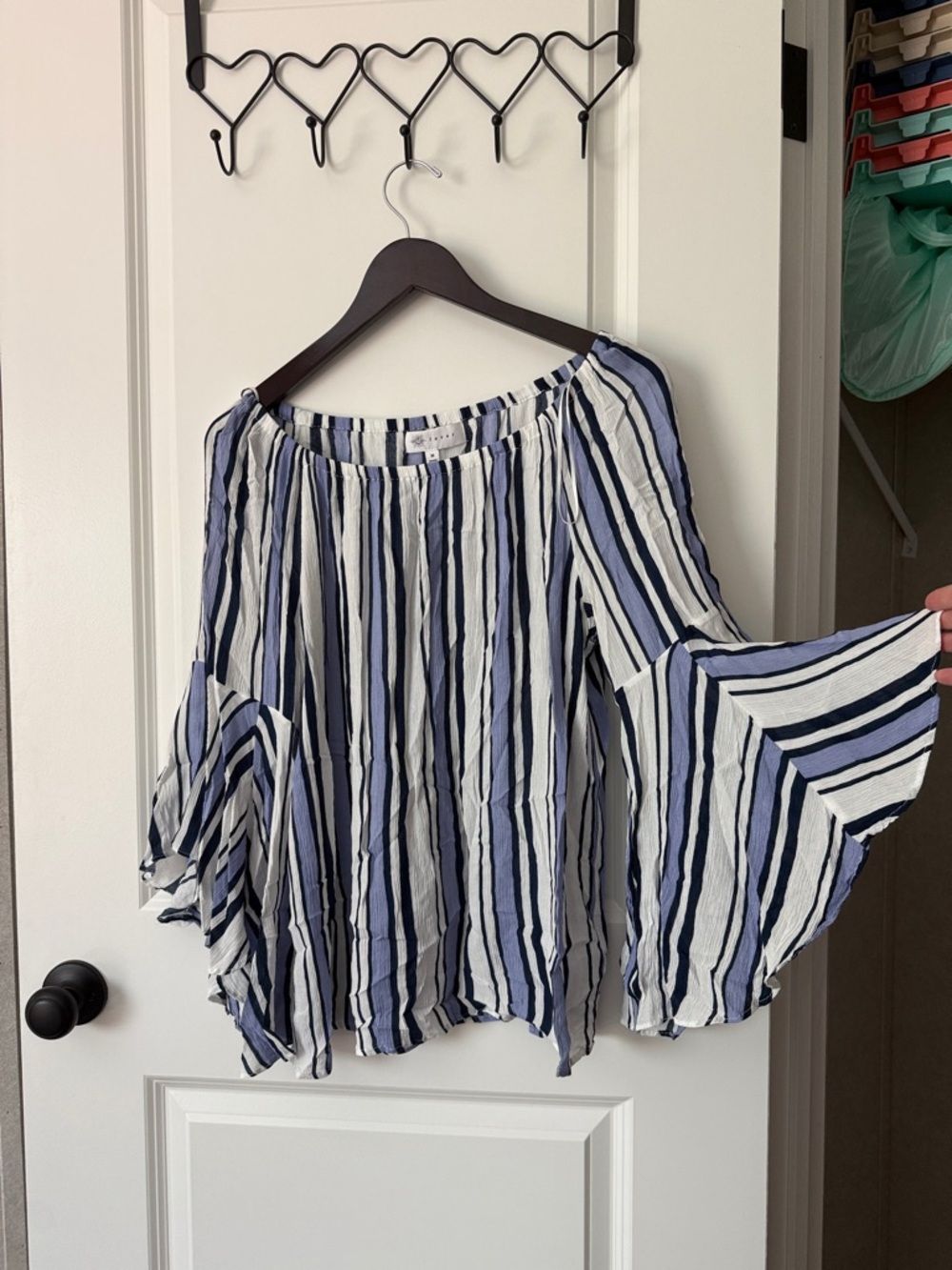Striped Off-Shoulder Bell Sleeve Top - Blue & White